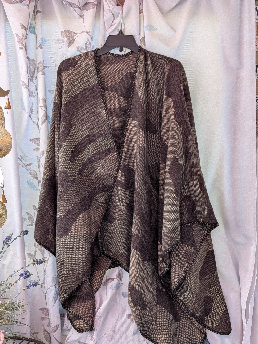 Olive Camouflage Open-Front Knit Poncho